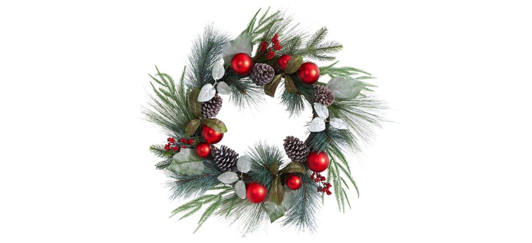 "24"" Holiday Foliage Artificial Wreath with Red Ornaments"