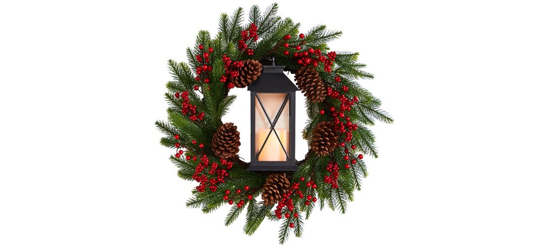 "28"" Holiday Foliage Artificial Wreath with Lantern and LED Candle"