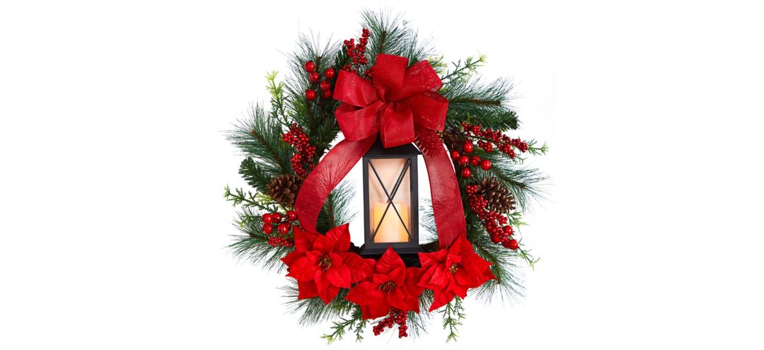 28 Holiday Foliage Artificial Wreath with Lantern and LED Candle