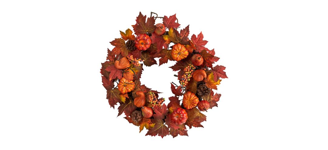 "Crisp 24"" Maple Leaves and Pumpkin Wreath"