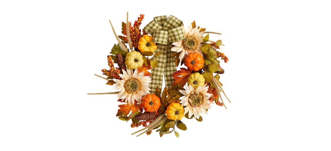 "Crisp 24"" Pumpkin and Sunflower Wreath"