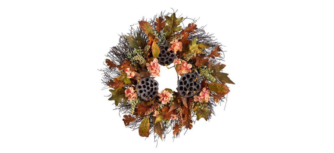 "Crisp 22"" Hydrangea and Dried Lotus Pod Wreath"