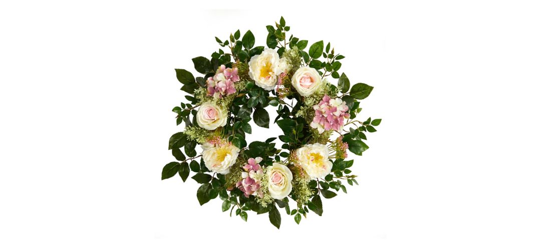 W1162 22in. Mixed Rose and Hydrangea Artificial Wreath sku W1162