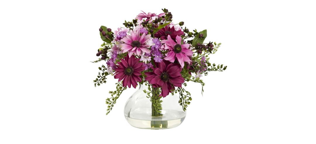 Mixed Daisy Floral Artificial Arrangement with Vase