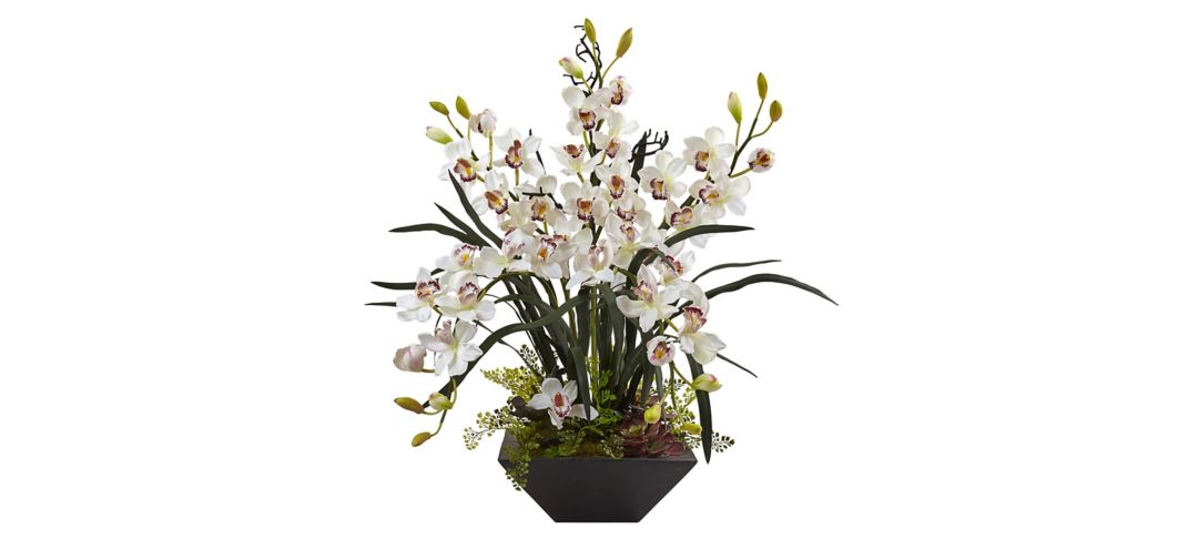 Cymbidium Orchid Silk Arrangement with Black Vase