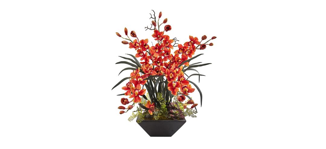 Cymbidium Orchid Silk Artificial Arrangement with Black Vase