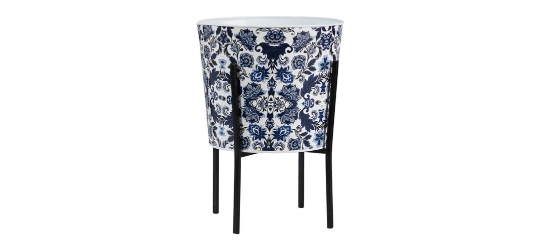 16in. Oriental Blue and White Classic Round Metal Planter with Stand
