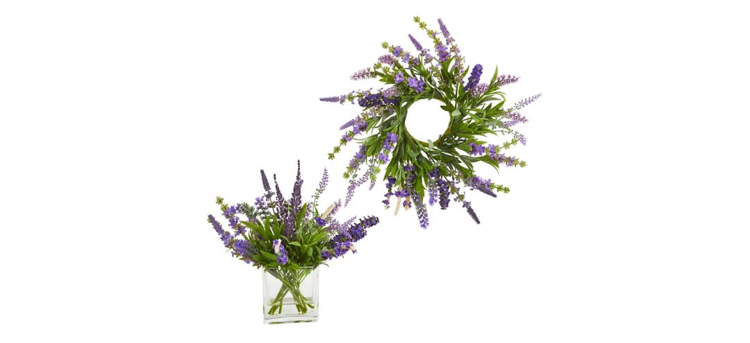 12in. Lavender Arrangement and 14in. Lavender Wreath (Set of 2)