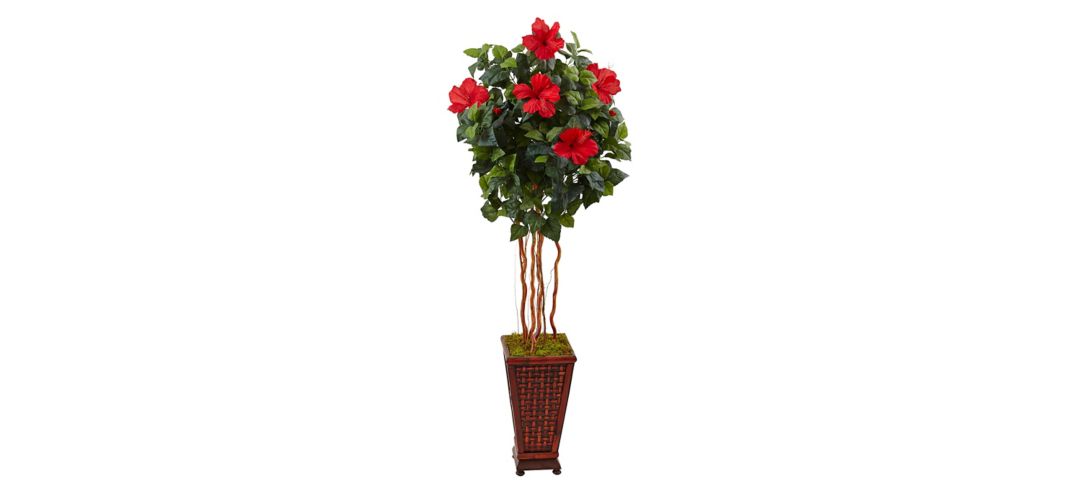 5ft. Hibiscus Artificial Tree in Decorated Wooden Planter