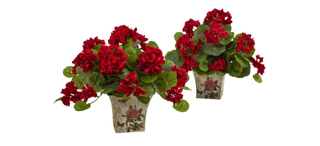 11in. Geranium Flowering Silk Plant with Floral Planter (Set of 2)