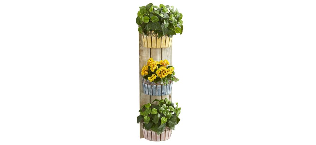 39in. Geranium and Pothos Artificial Plant in Three-Tiered Wall Planter