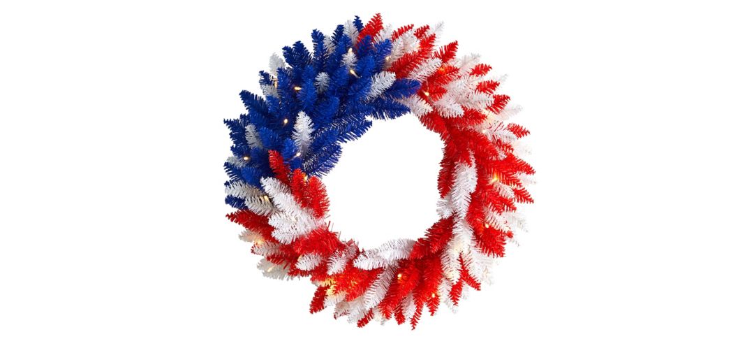 18in. Patriotic Red, White and Blue Americana Wreath with 20 Warm LED Lights