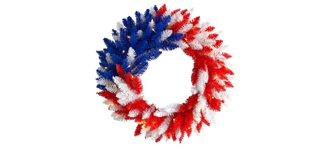 24in. Patriotic Red, White and Blue Americana Wreath with 35 Warm LED Light