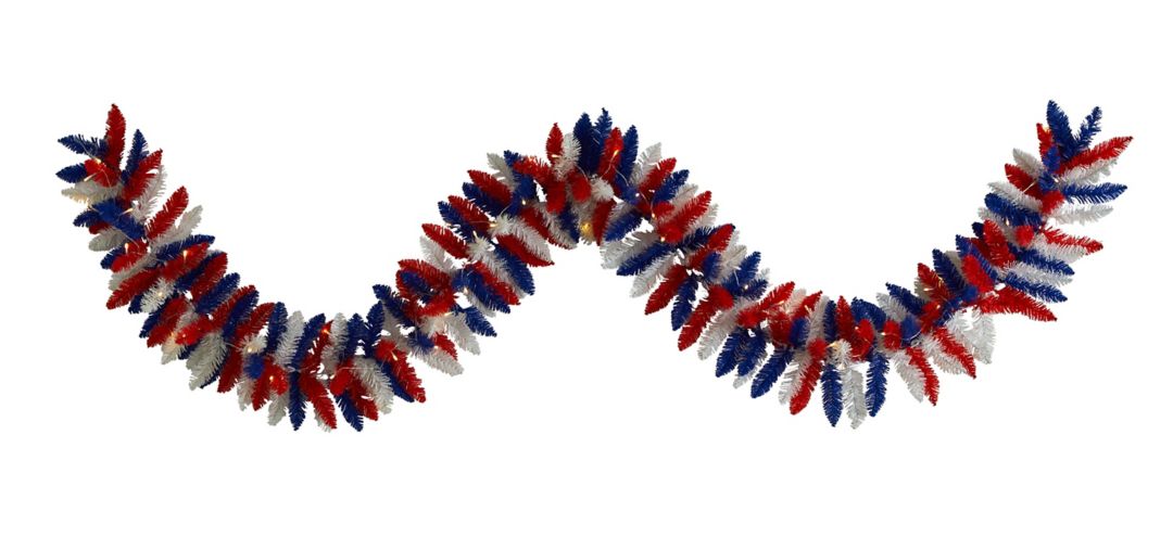 9ft. Patriotic American Flag Themed Artificial Garland with 50 Warm LED Lig