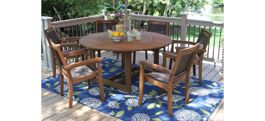 Farmhouse 7-pc. Eucalyptus Outdoor Dining Set w/ Sling Stacking Chairs