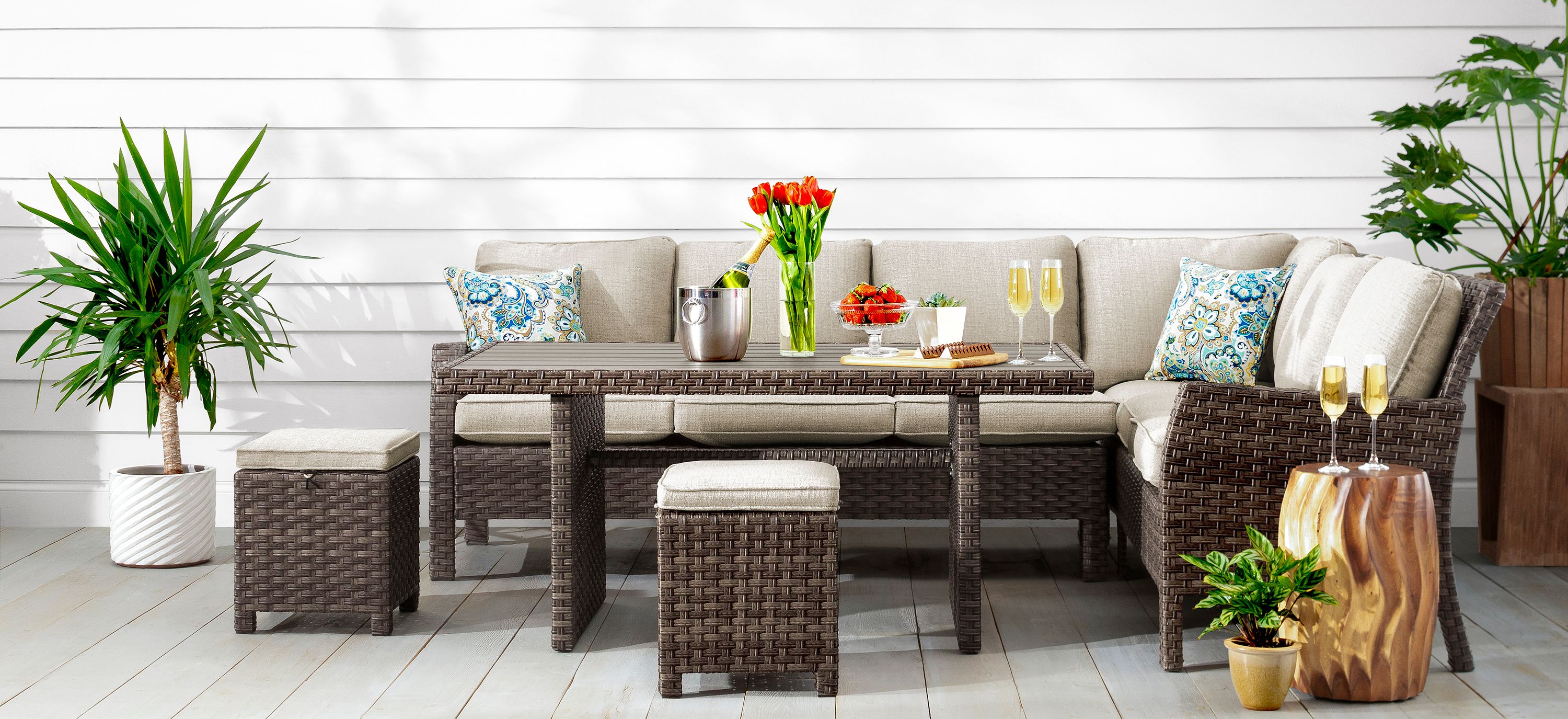 Antigua 2-pc. Outdoor Sectional, Dining Table and 2 Ottomans
