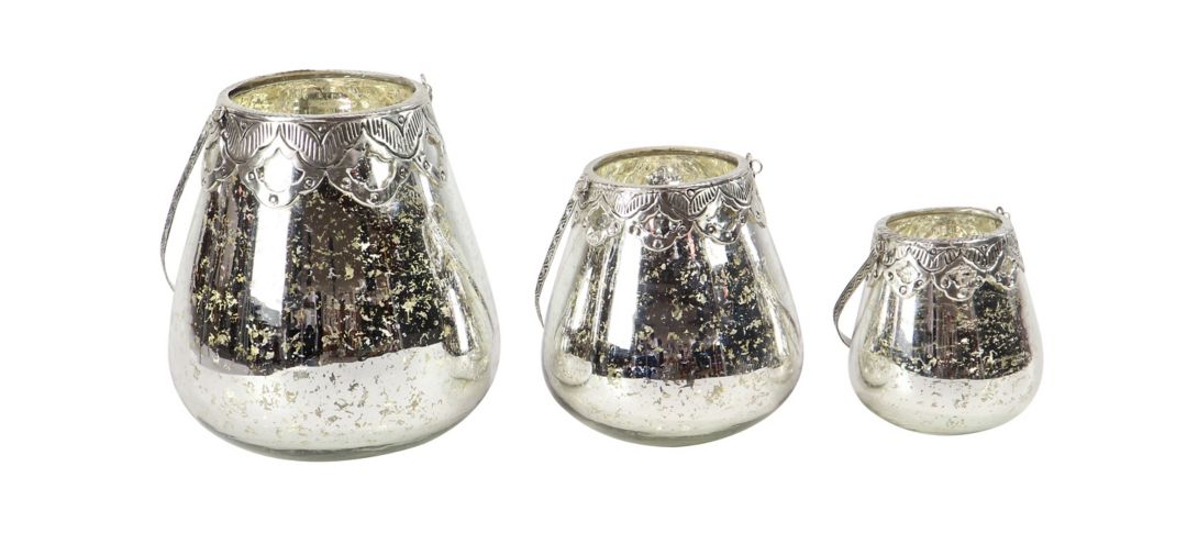 Ivy Collection Set of 3 Silver Glass Candle Holders