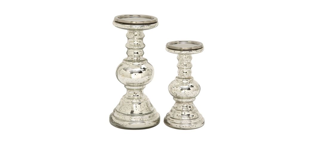 Ivy Collection Set of 2 Silver Glass Candle Holders