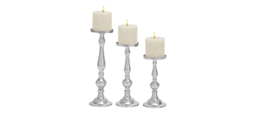 Ivy Collection Set of 3 Silver Aluminum Candle Holders
