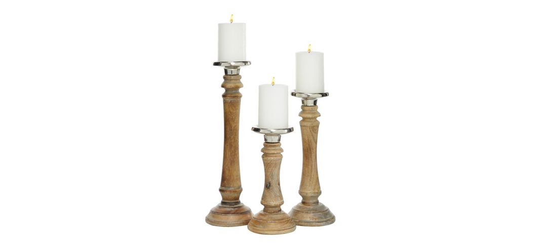 Ivy Collection Set of 3 Brown Wood Candle Holders