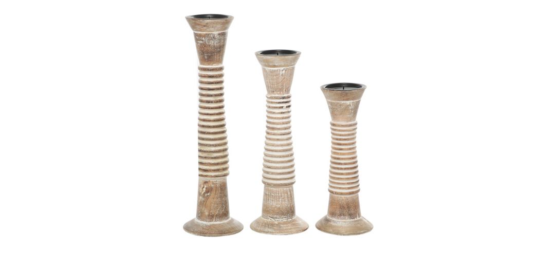 Ivy Collection Set of 3 Brown Wood Candle Holders