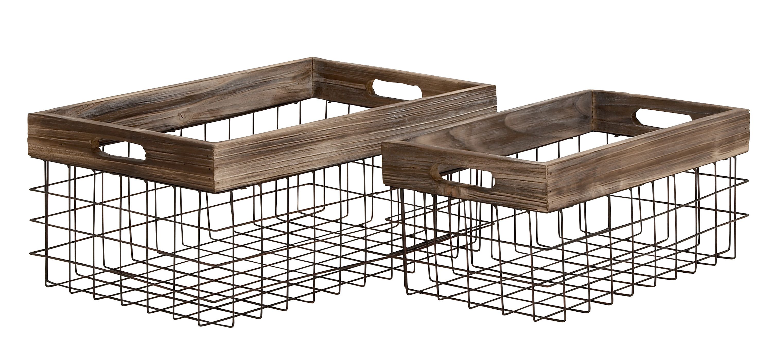 Ivy Collection Set of 2 Metal and Wood Farmhouse Baskets