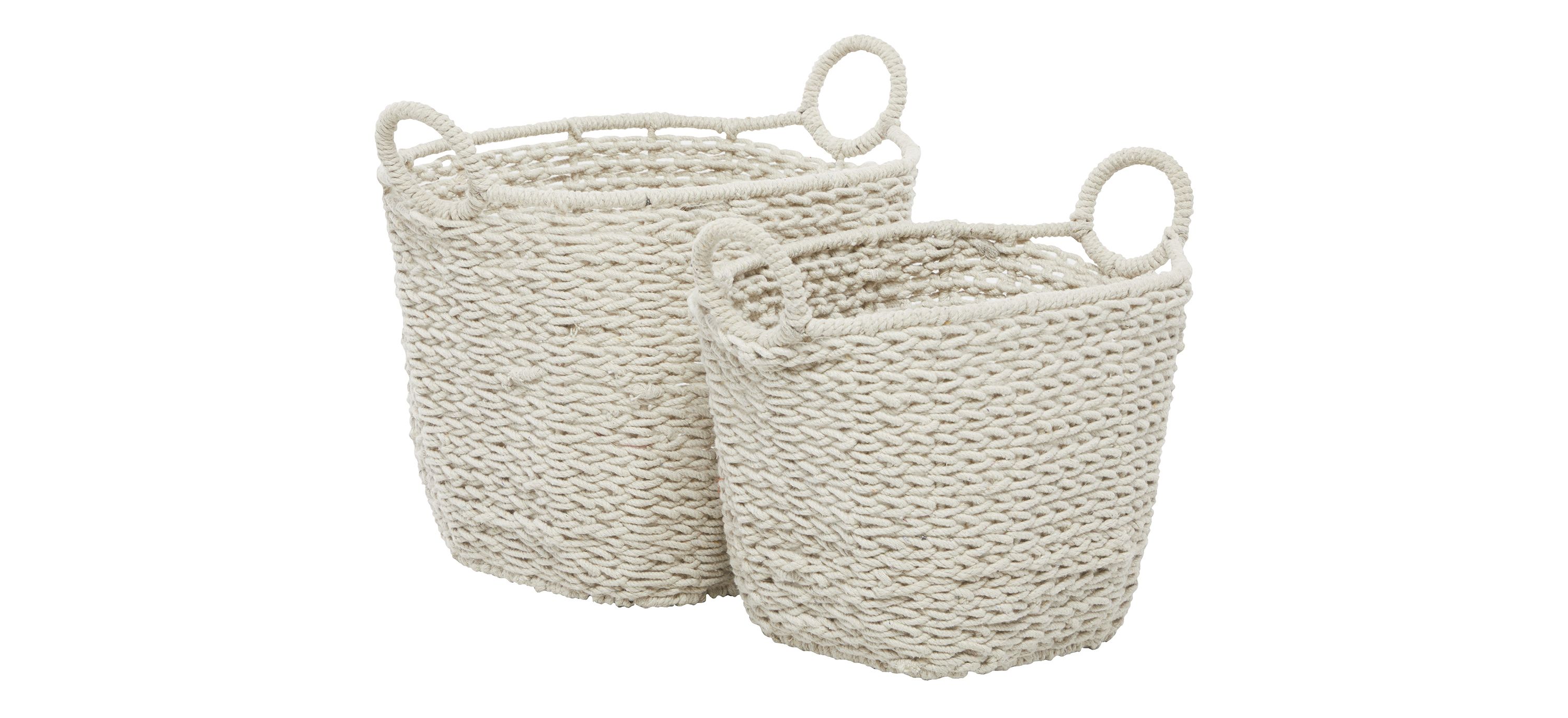 Ivy Collection Set of 2 White Cotton Tote Baskets