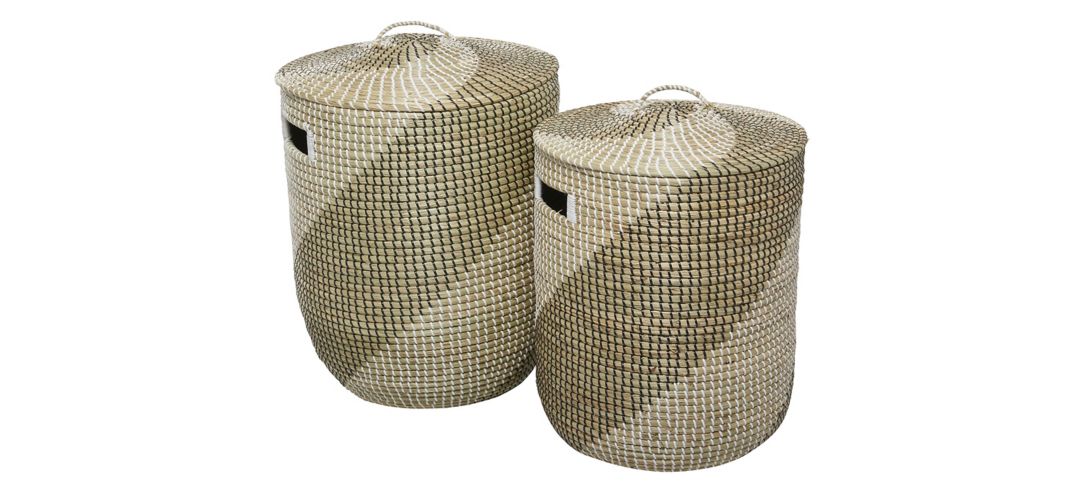 Ivy Collection Set of 2 Striped Water Hyacinth Lidded Baskets