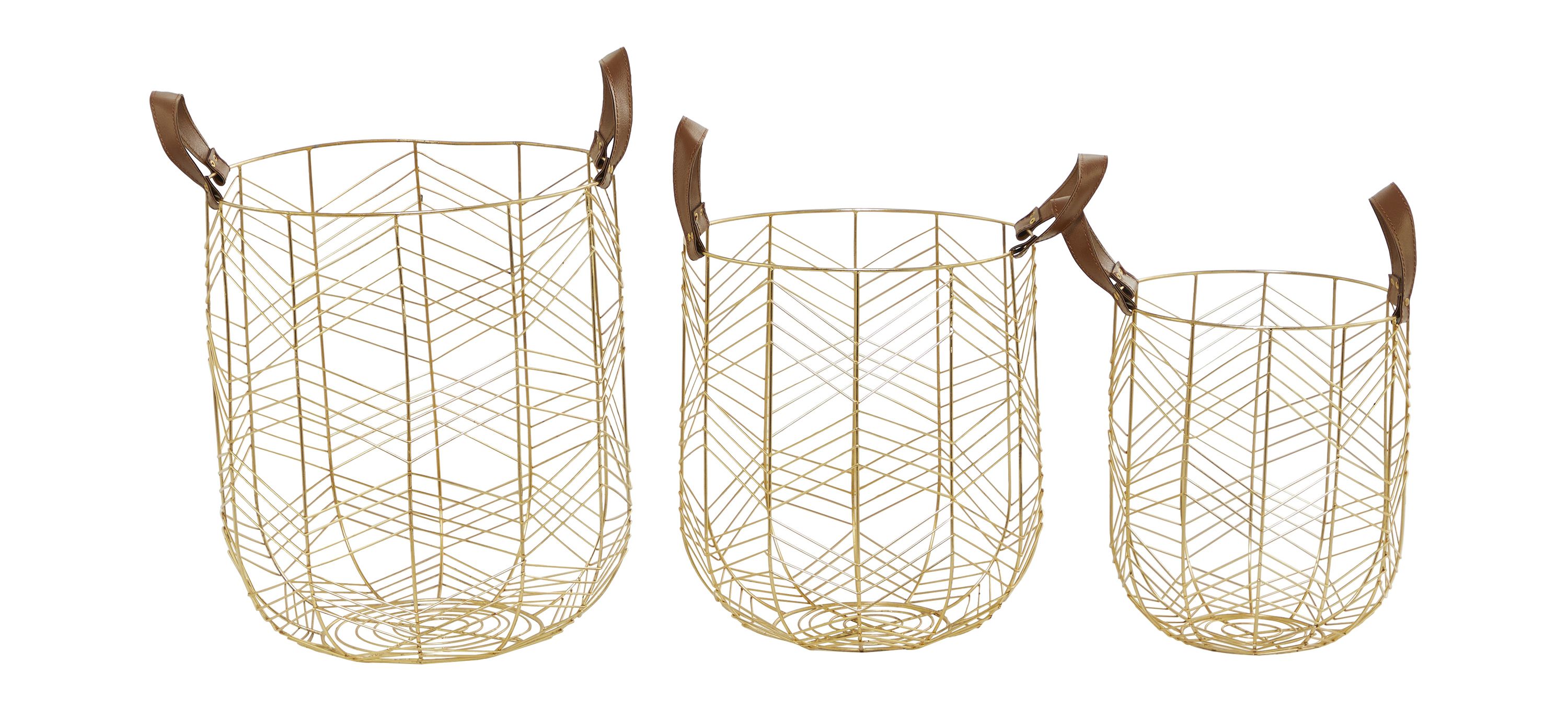 Ivy Collection Set of 3 Gold Metal Glam Storage Baskets with Handles