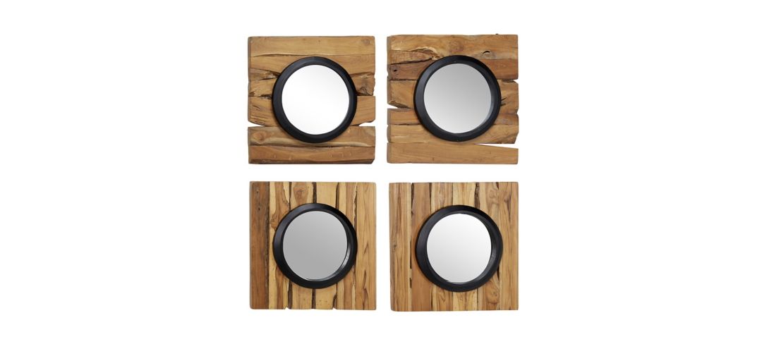 Ivy Collection Set of 4 Brown Teak Wood Floral Wall Mirrors