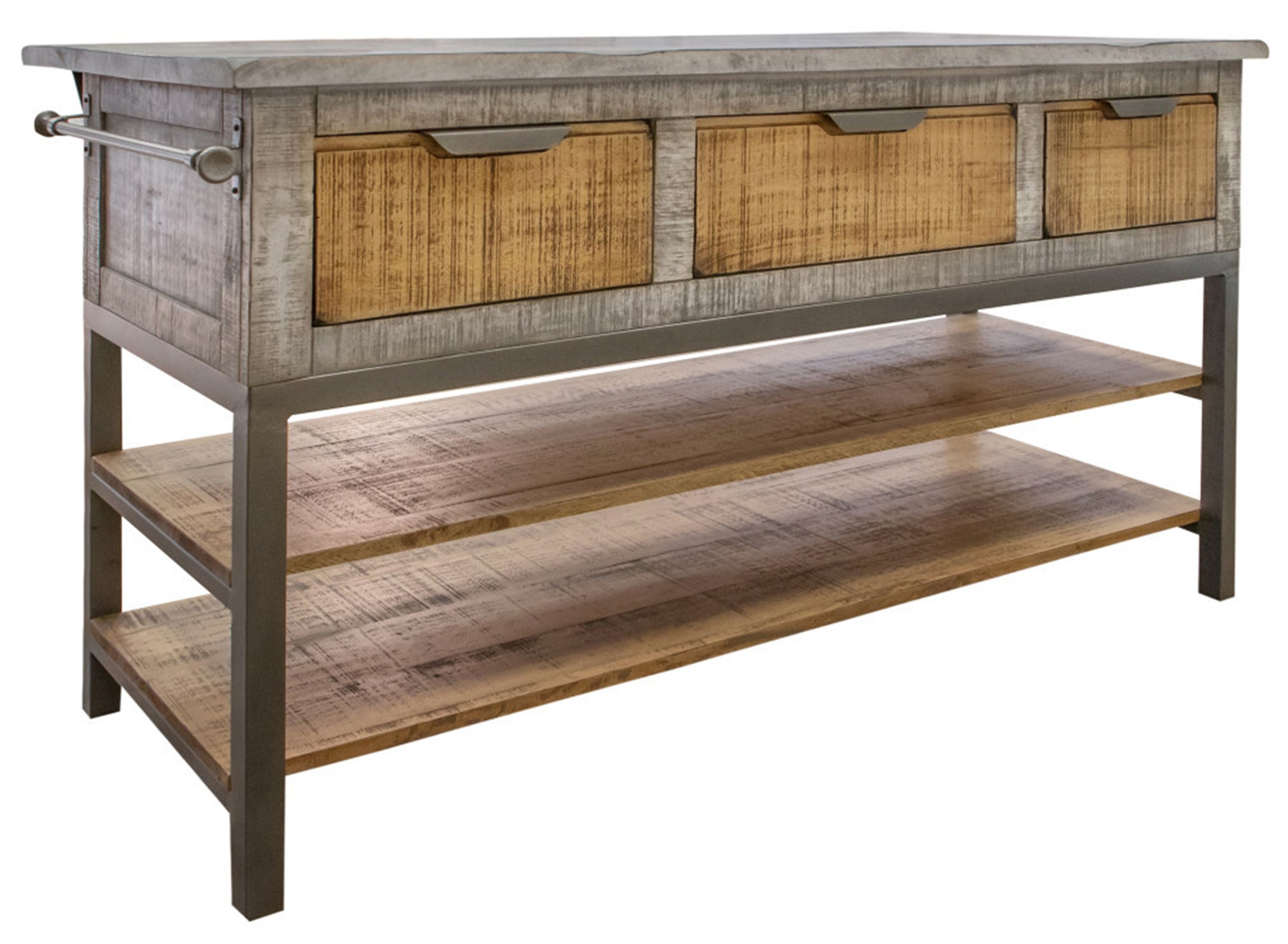 Mita Kitchen Island with 3 Drawers, 2 Shelves & Casters. Raymour & Flanigan